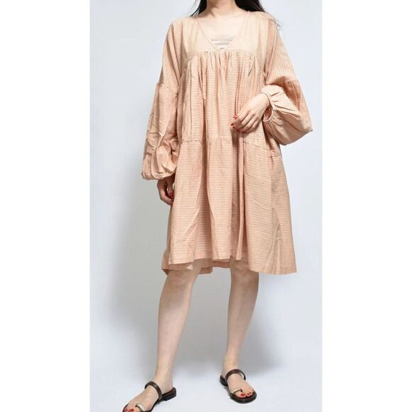 A Perfect Nomad 100% Organic Cotton SYMI V Neck Tiered Dress in Sand NWT OSFM - Picture 1 of 6